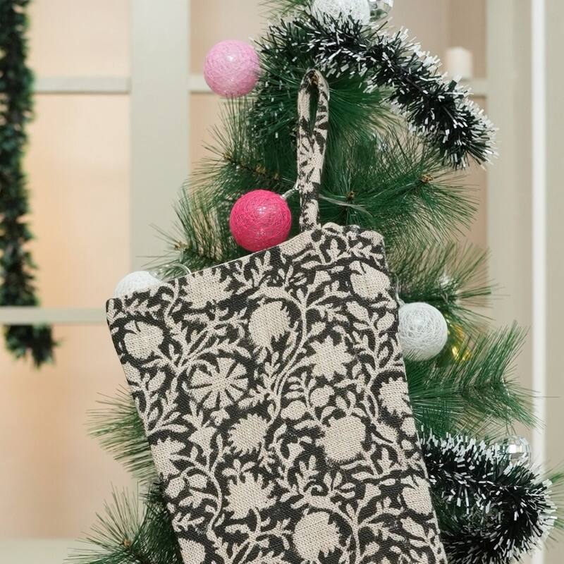 Fabdivine Handmade Floral Christmas Stockings Linen Block Print Décor - 10"X4.5"