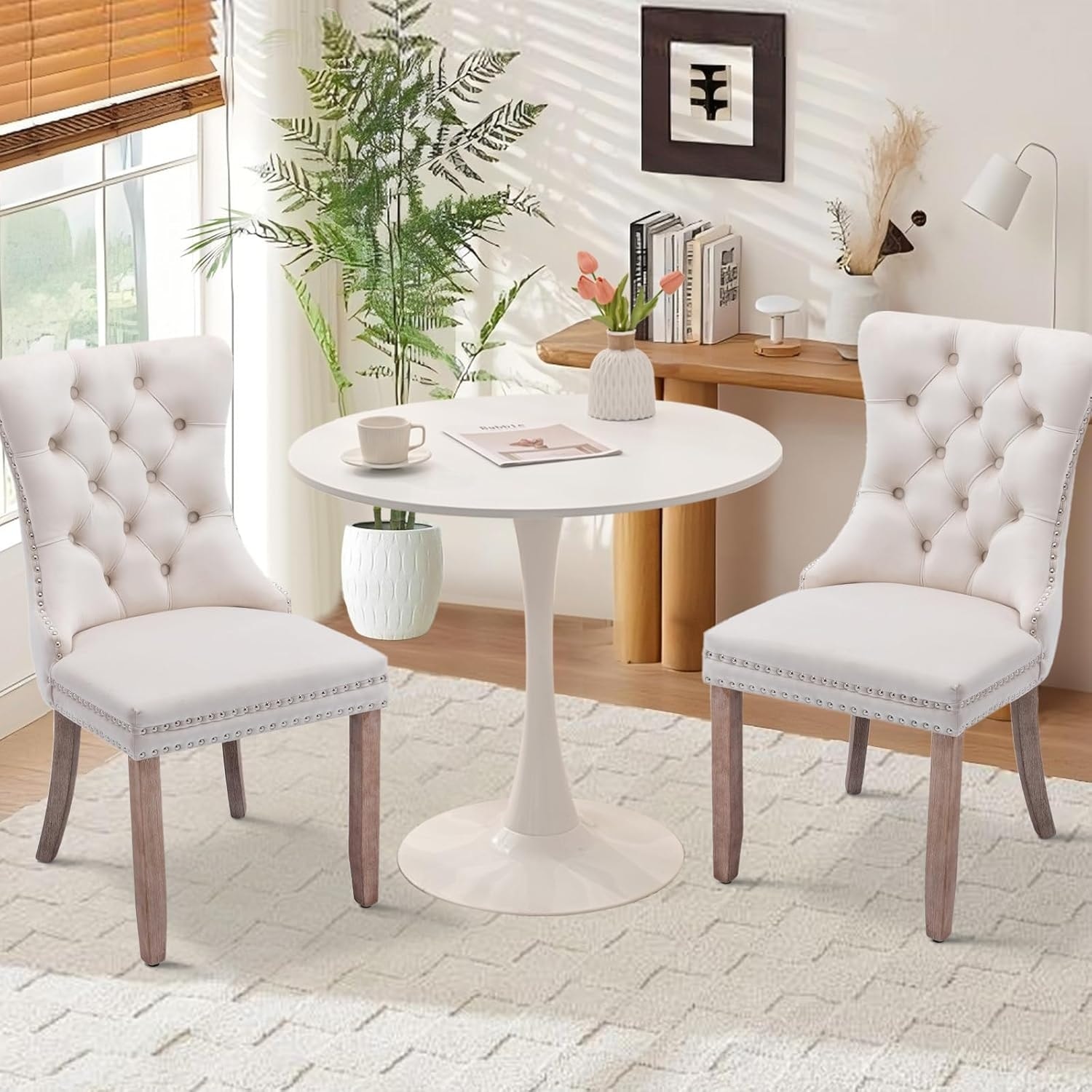 31.5 Inch Round Dining Table Set for 2 with Velvet Upholstered Chairs, 3 Piece Kitchen Table Set for Small Spaces, Beige/White