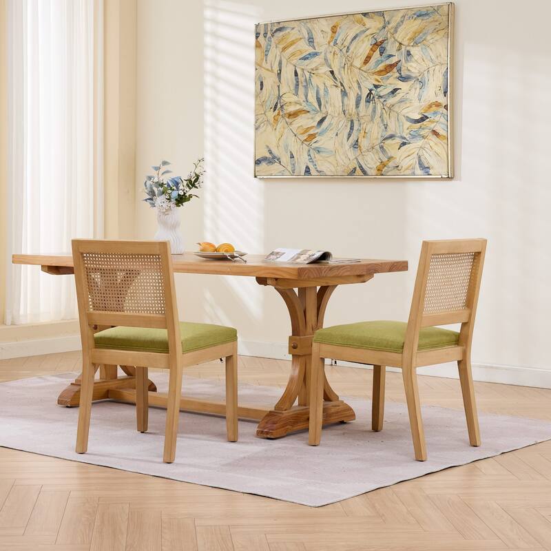 Farmhouse Rattan Dining Chairs Set of 2, Cane Upholstered Kitchen Side Chair with Natural Hardwood Frame