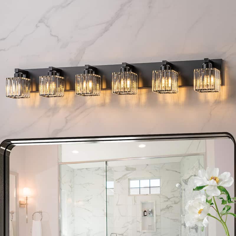 6/7 Light Bathroom Vanity Light Wall Sconce with Crystal Shade - 43.3" - Black