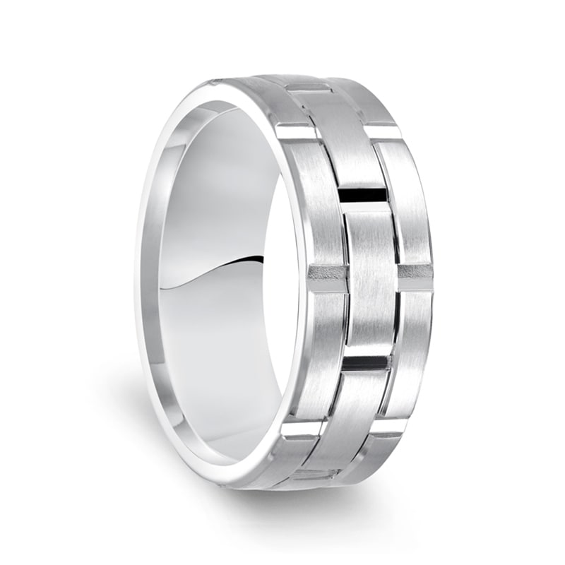 14k White Gold Satin Finished Men’s Wedding Ring with Vertical Grooves - 8mm