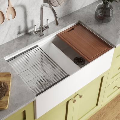 Ruvati 33 inch Fireclay Workstation White Farmhouse Kitchen Sink Apron Front Double Bowl - RVL2382WH - 30 x 18
