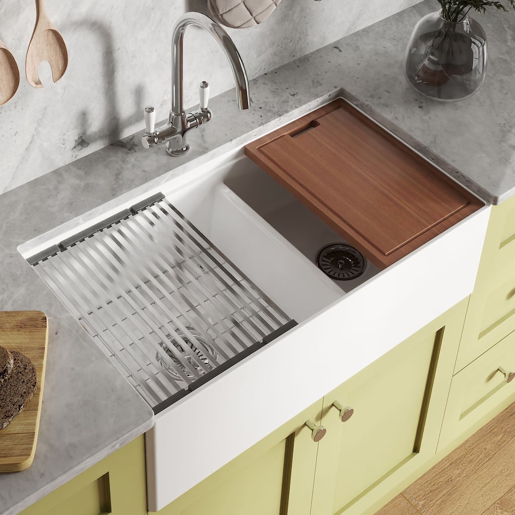 Ruvati 33 inch Fireclay Workstation White Farmhouse Kitchen Sink Apron Front Double Bowl - RVL2382WH - 30 x 18