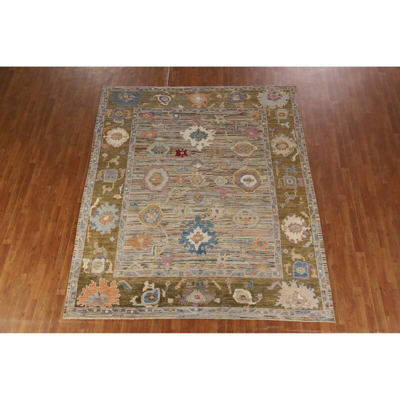 Hand Knotted Oriental 100% Wool Carpet Transitional Floral Multi-Colored Oushak Area Rug - 9' 5'' X 8' 2''
