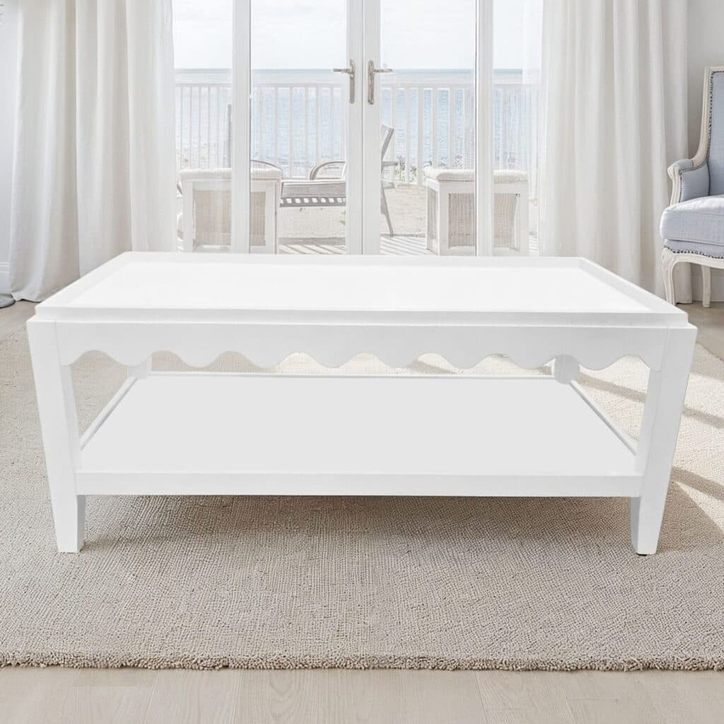 Carolina Chair & Table Scallop Coffee Table - Rectangular Mango Wood Side Table - Decorative Edge and Lower Shelf