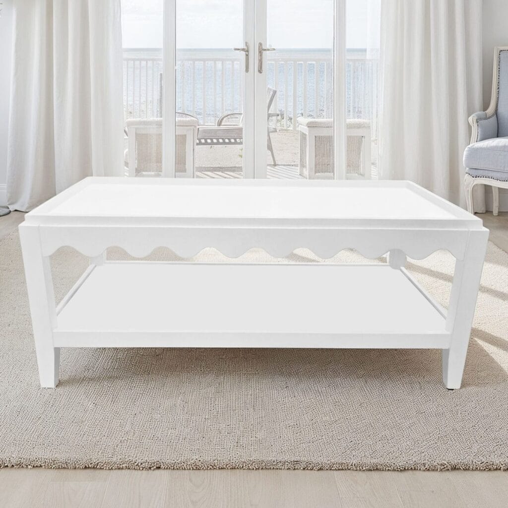 Carolina Chair & Table Scallop Coffee Table - Rectangular Mango Wood Side Table - Decorative Edge and Lower Shelf