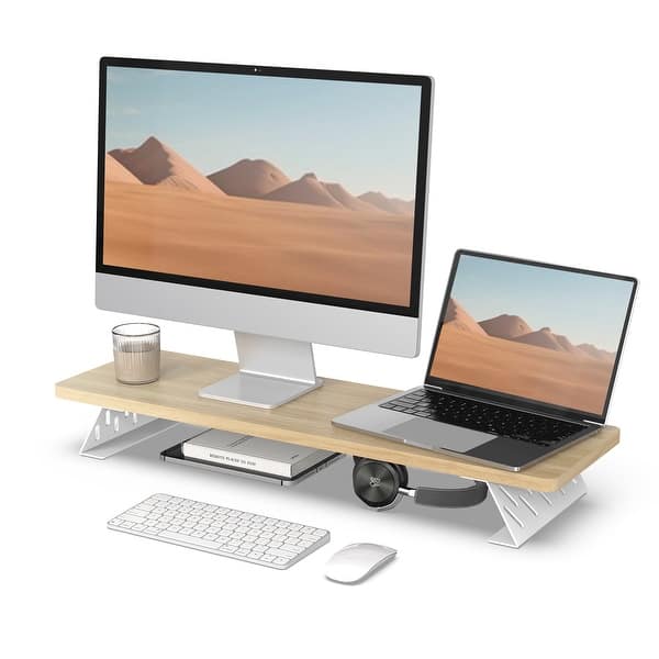 Fenge Dual Monitor Stand, Monitor Stands Riser for 2 monitors, 42.5 Inch Wood Desk Shelf with Storage Organizer and Cable Management for Office Desk Accessories