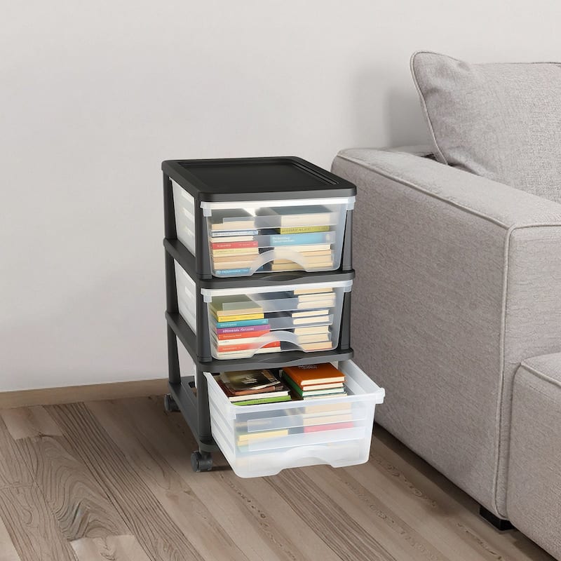 Multi-Purpose Plastic Storage Drawers with Transparent Front and Rolling Cabinet for Bedroom or Kitchen