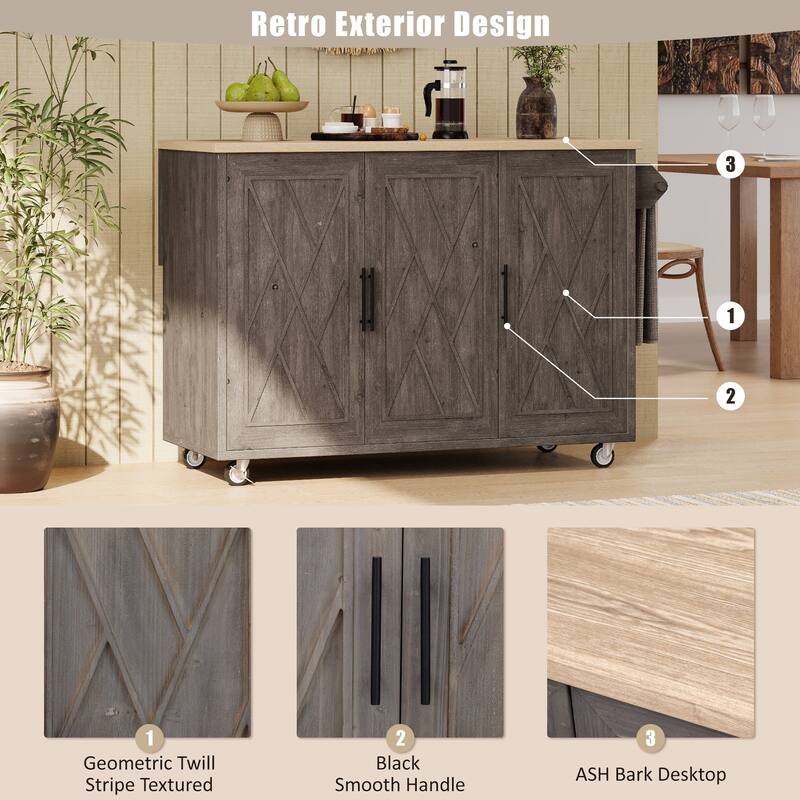 51.2"W Geometric Twill Stripe Textured Design Kitchen Island With Drop Leaf(no include stool)