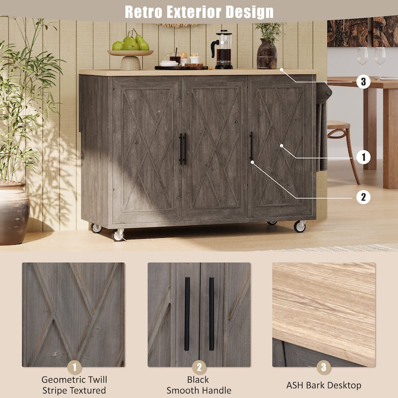 51.2"W Kitchen Island with Drop Leaf, ASH Veneer Top, Mobile Storage Cart with Towel Rack and Internal Storage Racks