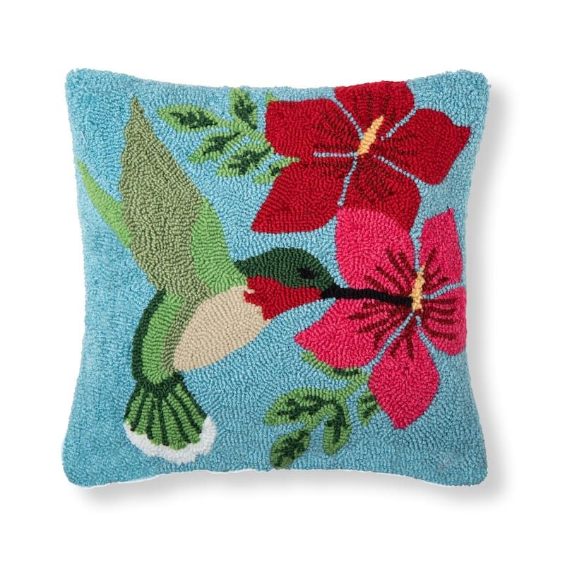 16" x 16" Humming Bird Floral Hooked Pillow