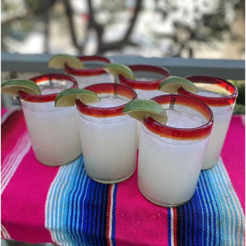 Dos Sueños Hand Blown Mexican Drinking Glasses - Set of 6 Red Rim Drinking Glasses (14 oz each)