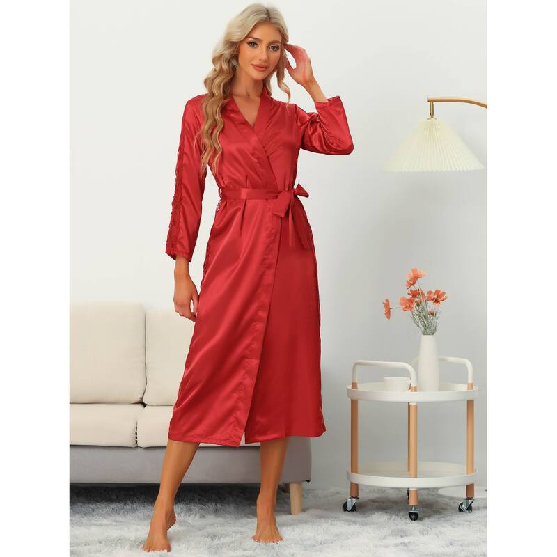 Womens Satin Robe Lace Trim Long Sleeve Dressing Gown Bathrobe Bridesmaid Wedding Bride Robe - Red - S