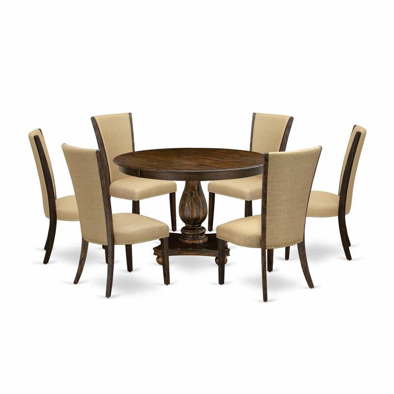 HomeStock 7-Piece Distressed Jacobean Finish Solid Wood Top Dining Table with 6 Parson Chairs