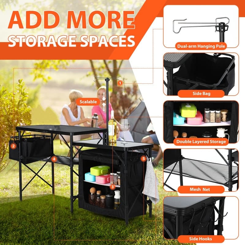 Portable Folding Camping Kitchen Table with Storage Organizer, Light Pole, Side Bag & Hooks for Outdoor Cooking