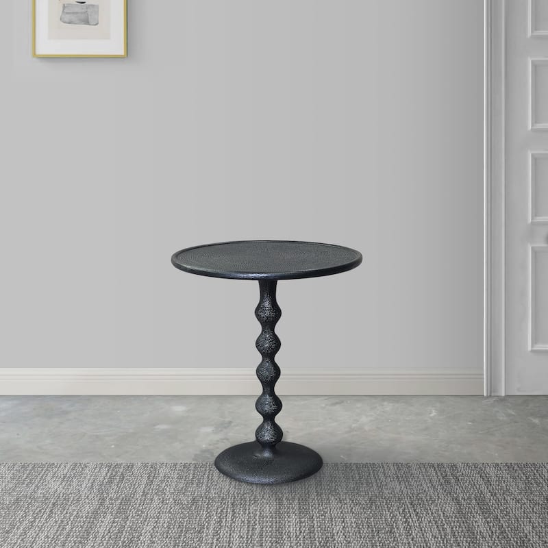 Shae 22 Inch Round Side End Table - Matte Black Aluminum Cast, Hammered Texture, Turned Pedestal Post