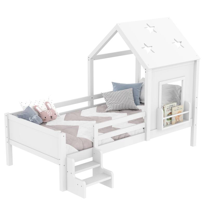 Twin House Beds with Low-Profile Stairs and a Window, Solid Wood House Platform Bed with a Bookcase Design