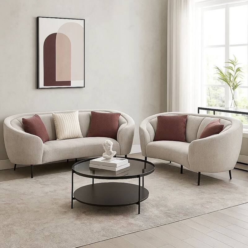 Zui 2pc Sofa Loveseat Set, Modern Curved Shape Beige Tufted Fabric, 4 Pillows