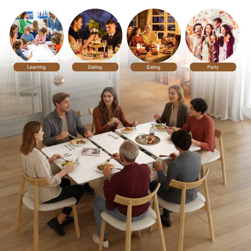 Roomfitters Retractable Rock Slab Dining Table Set, Modern Expandable Square Table with 6 Chairs, White