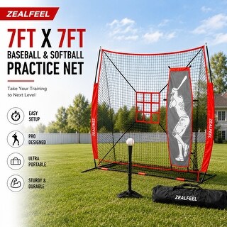 Zealfeel 7 x 7 ft Baseball Net Set: Batting Tee, Dummy Batter, 2 Strike Zones & Carry Bag - 7 x 7 ft