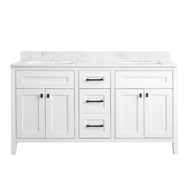 Nephelily 60 inch Bathoom Vanity With Quartz Top Double Sinks, Easy-to-Install - Quartz Calacatta White Top Set