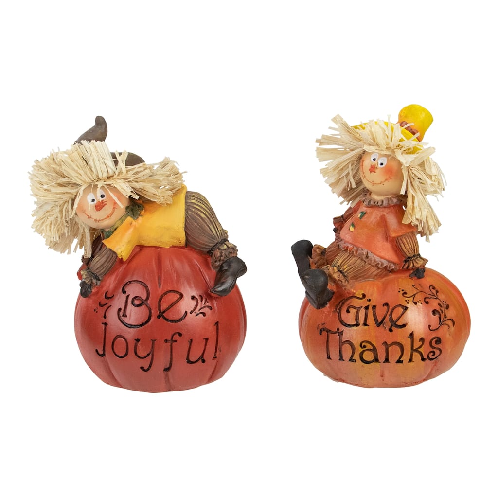 Set of 2 Scarecrow on a Pumpkin Thanksgiving Table Figures