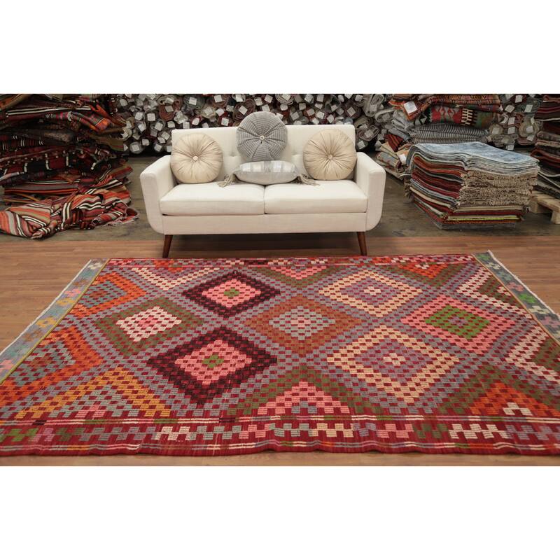 Hand Woven Oriental 100% Wool Carpet Southwestern Tribal Multi-Colored Kilim Area Rug - 9' 4'' X 6' 1''