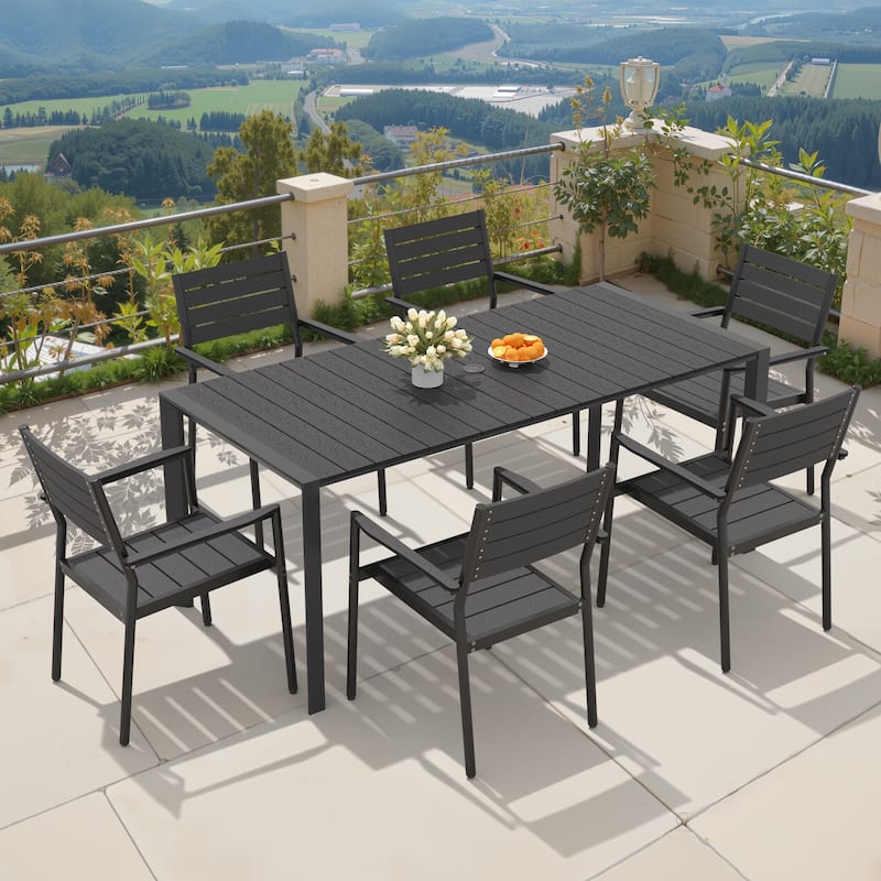 7-Piece Outdoor Patio Dining Set Rectangle Dining Table with Umbrella Hole and Stackable Chairs - Black