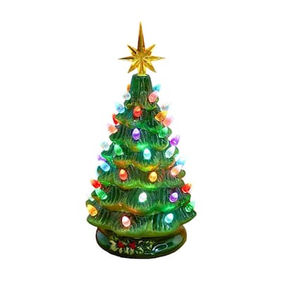 Ceramic Christmas Tree, Table Top Christmas Tree with Flower Leaf, with Multicolored LED Lights, Battery Operated