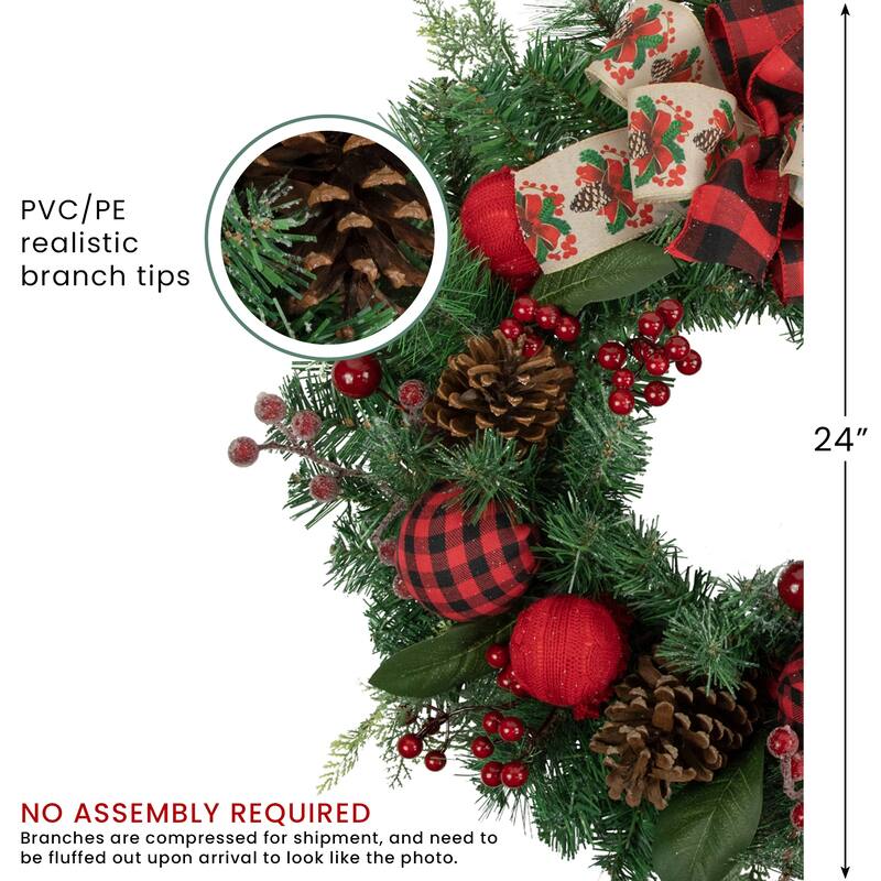 Green Pine Artificial Christmas Wreath Bows Plaid Ornaments 24" Unlit