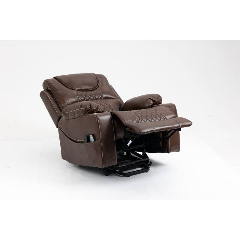 Brown Leather Power Lift Recliner, Multi-Function Massage, Heating, Cup Holders