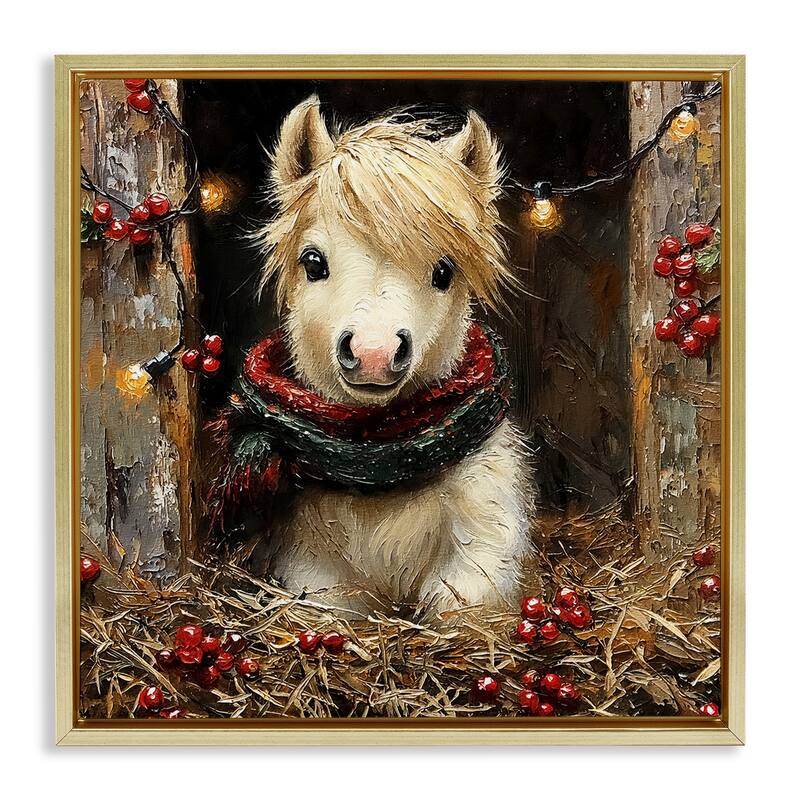Stupell Horse Foal with Holly & Lights Framed Floater Canvas Wall Art Design By Riley B - 25 x 25 - Gold
