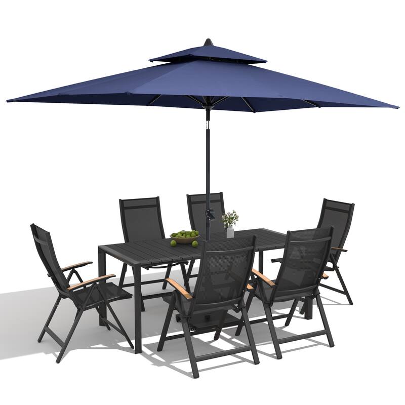 9/11-Piece Outdoor Patio Dining Set Aluminum Dining Table and Chairs w/10 ft Market Umbrella and Base with Wheels