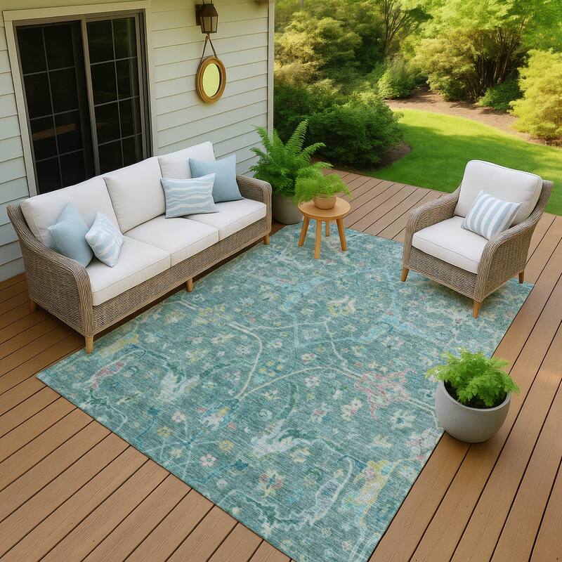 Machine Washable Indoor/ Outdoor Traditional Vintage Chantille Rug - Teal - 10' x 14'