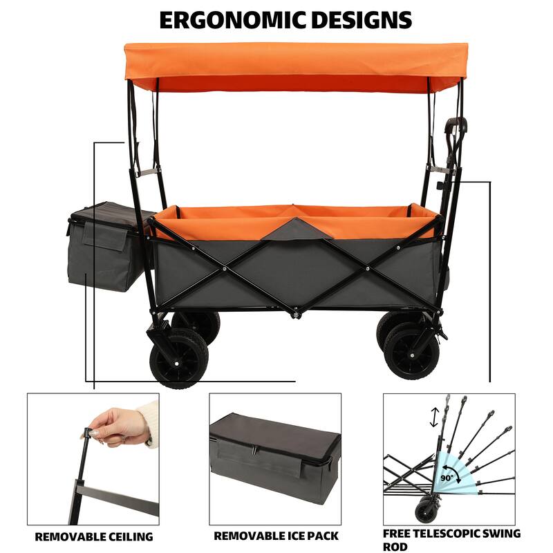 480lb Collapsible Wagon with Canopy & Mosquito Net - 7" All-Terrain Wheels, Lightweight Design, Orange