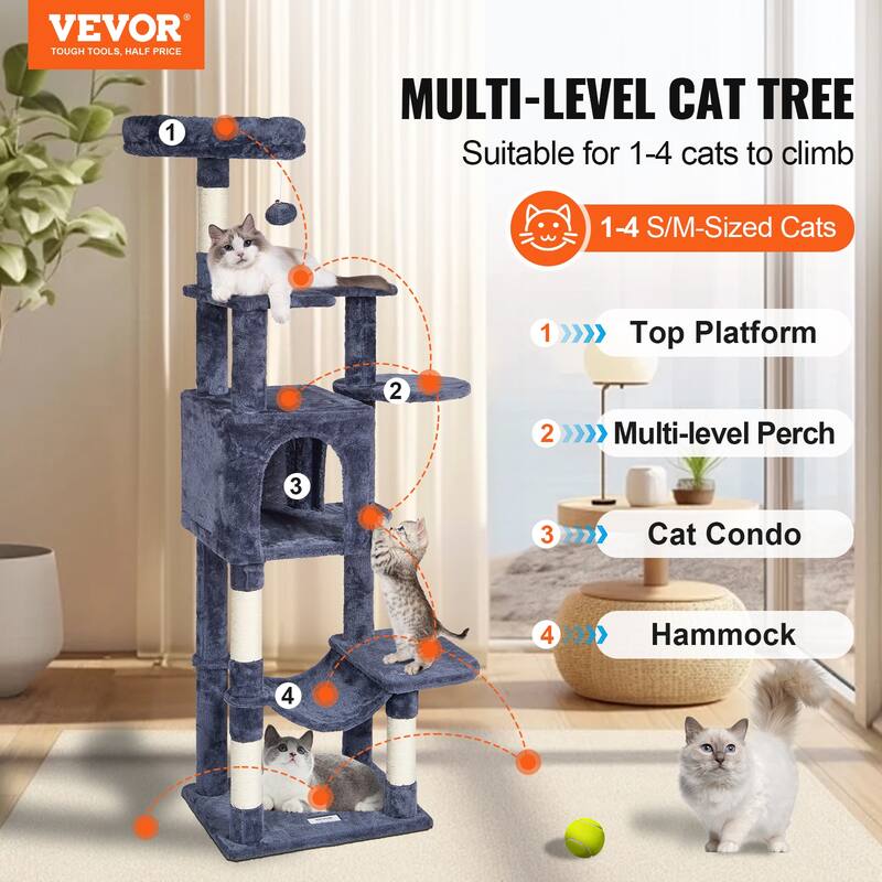 Cat Tree for Indoor Cats, 60.6" Cat Tower with Cat Condo, Sisal Scratching Post, Hammock, Top Perch, Jumping Platforms
