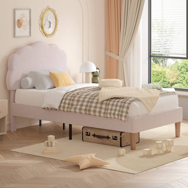 Twin Size Bed Frames with Adjustable Teddy Fleece Headboard, Upholstered Platform Bed w/Slats Support