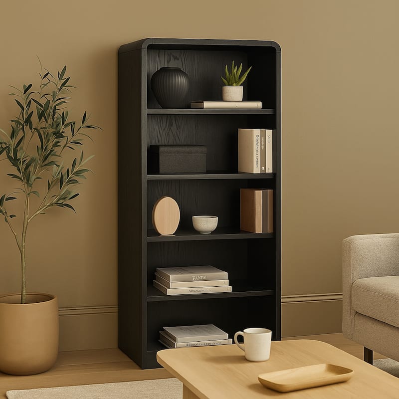 Robeck Large Bookcase, 5 Display Shelves, Classic 72 Inch Black Wood