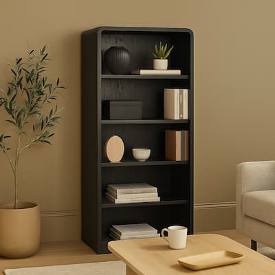 Robeck Large Bookcase, 5 Display Shelves, Classic 72 Inch Black Wood