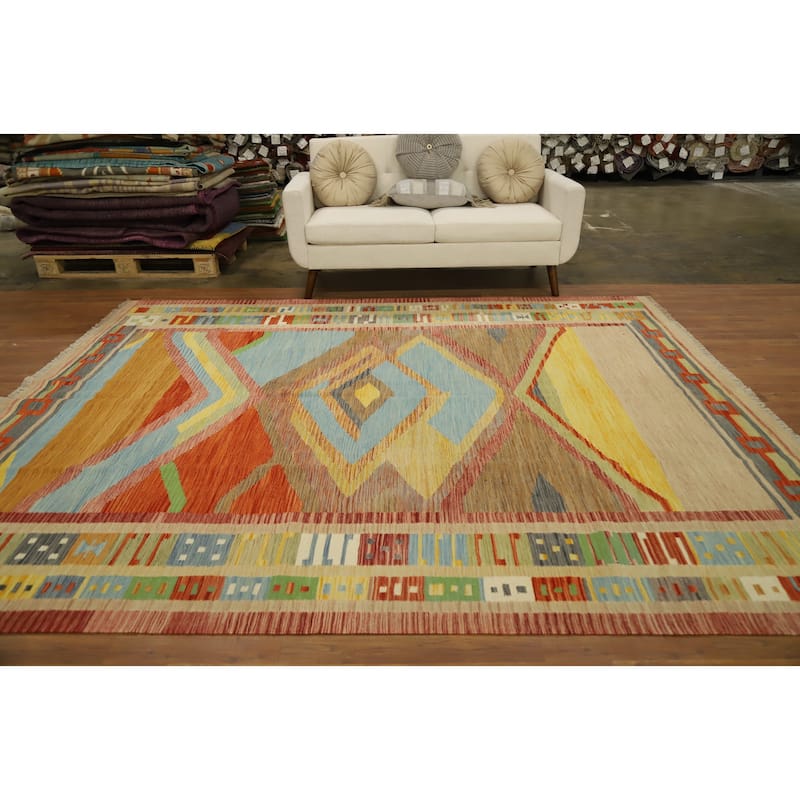 Hand Woven Oriental 100% Wool Carpet Southwestern Tribal Multi-Colored Kilim Area Rug - 9' 10'' X 8' 2''