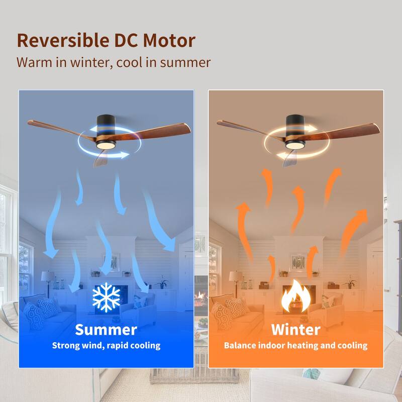 Indoor/Outdoor Flush Mount Ceiling Fan with Light & Remote Control, Rustic Wood Ceiling Fan, 6-Speed Reversible DC Motor Fan