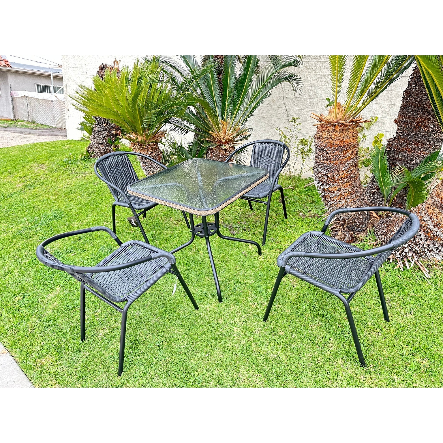 5-Piece Patio Dining Set With 31.5" Square Glass Metal Table And 4 Stackable Sla