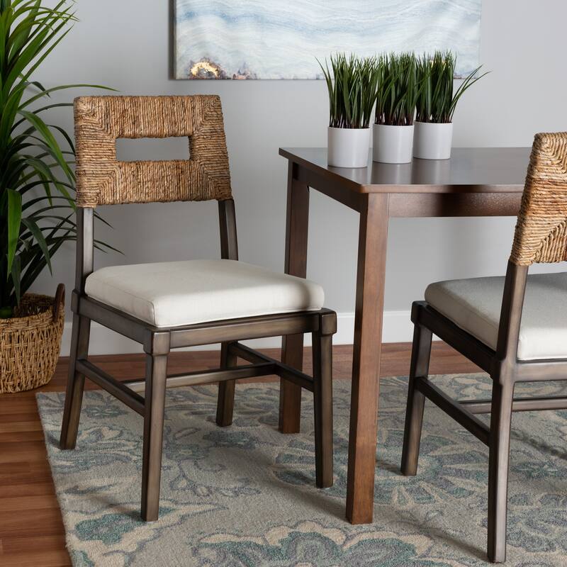 Porsha Modern Bohemian Dark Brown Finished Mahogany Wood and Natural Rattan Dining Chair