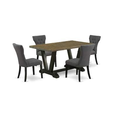 HomeStock 5-Piece Rectangle Natural Oak Finish Solid Wood Top Dining Table with 4 Upholstered Chairs with Lattice Back