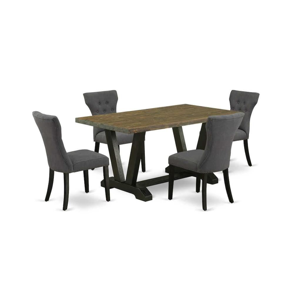HomeStock 5-Piece Rectangle Natural Oak Finish Solid Wood Top Dining Table with 4 Upholstered Chairs with Lattice Back