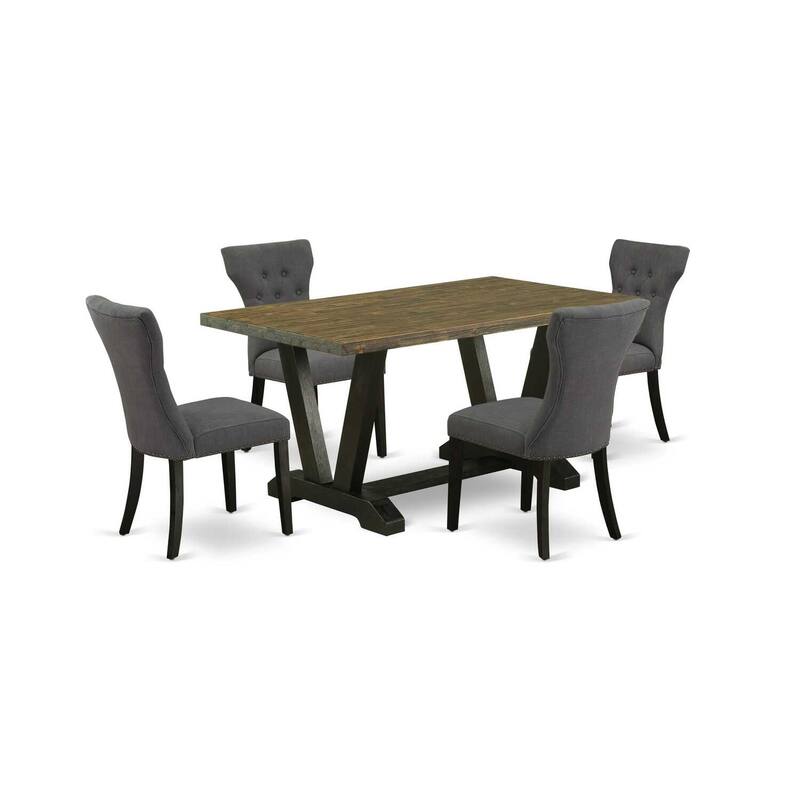 HomeStock 5-Piece Rectangle Natural Oak Finish Solid Wood Top Dining Table with 4 Upholstered Chairs with Lattice Back