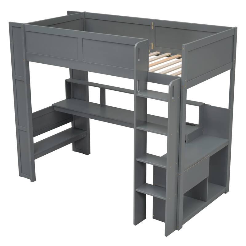 Full Size Loft Bed with Built-in Desk, LED Shelf Lighting, Charging Ports, and Storage Cabinet, Dark Gray Wood Frame
