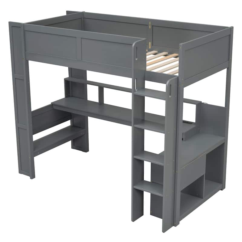 Wood Gaming Loft Bed with Desk, Shelves, LED, Charging Station