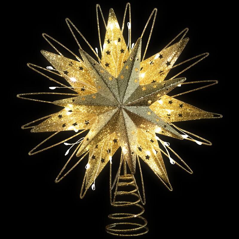 LED Lighted Glittered Starburst Christmas Tree Topper - 13" - Gold - White Lights