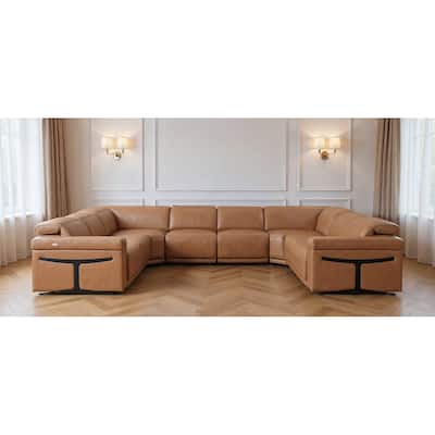 HomeRoots Chestnut Italian Leather Power Reclining U Shaped Eight Piece Corner Sectional With Console